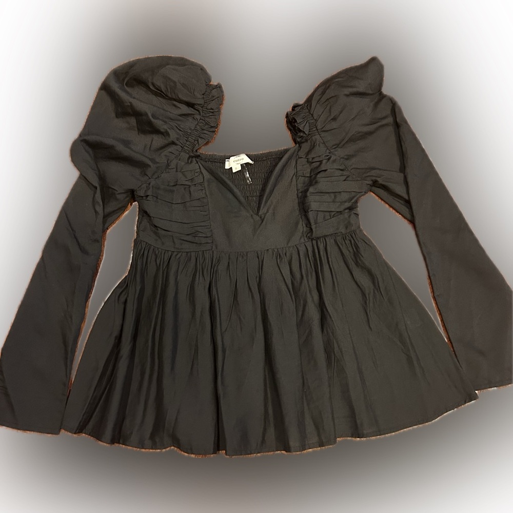 Entro Whimsigoth stylish Black Ruched long Sleeve lightweight chic blouse V neck